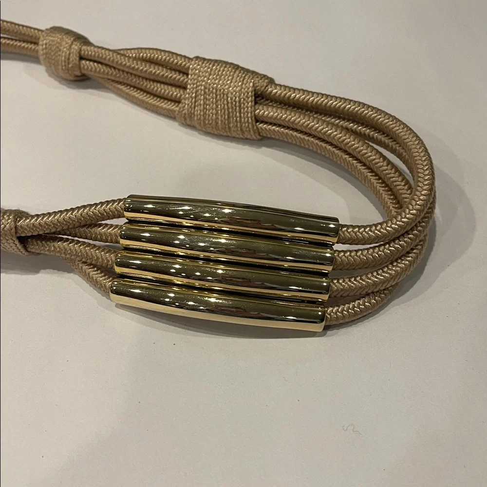 Tan Braided Rope Belt with Gold Metal Tube Accents & Hook Closure 29” Boho Chic